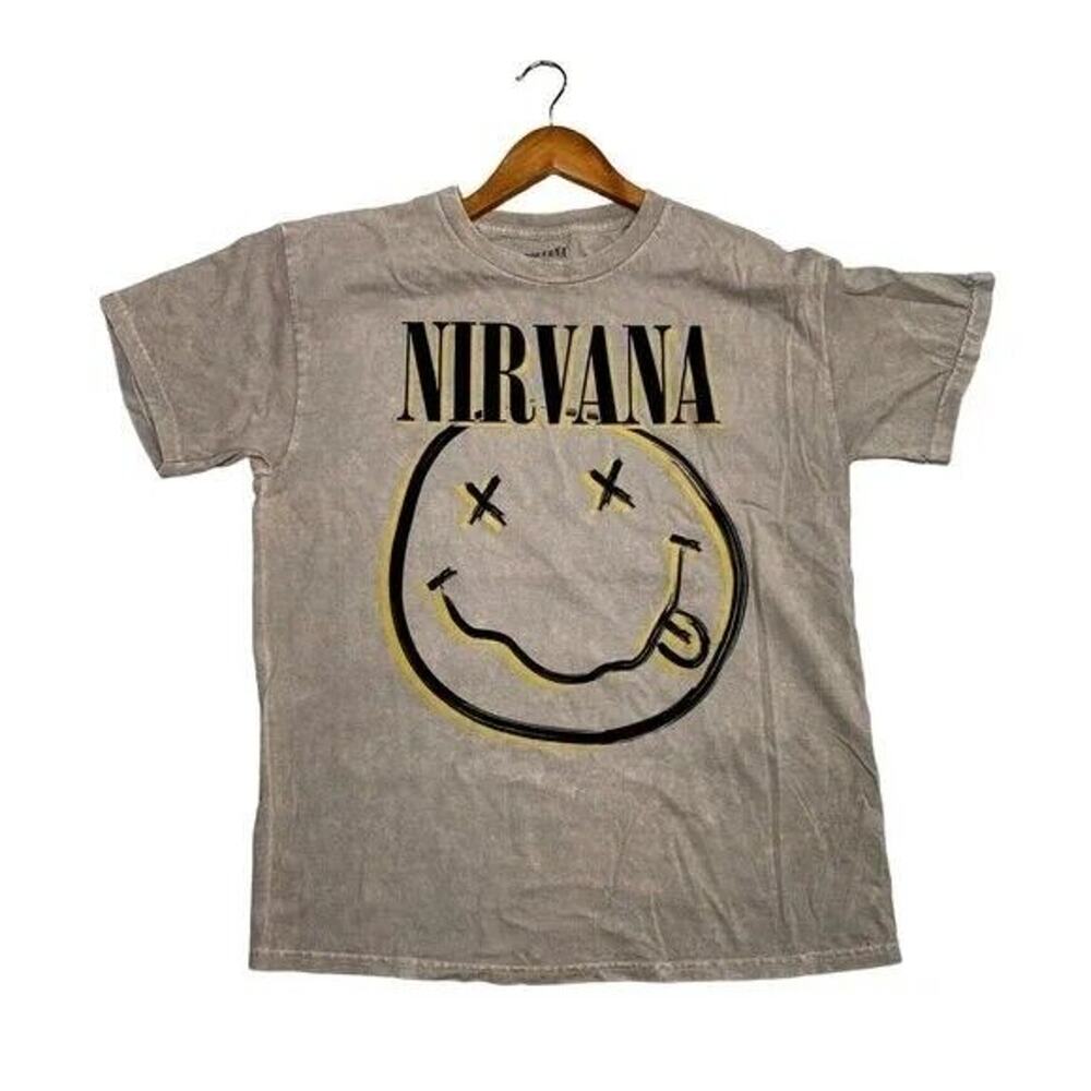 Nirvana Vintage Style Smile Back Short Sleeve Unisex T Shirt Crew Neck L Brown